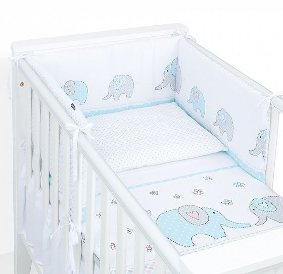 3- dielna posteľná bielizeň pre bábätka SLON tyrkysová/ bodky sivá