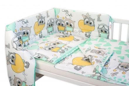 3- dielná sada mantinel s obliečkami Cute Owls - zelená