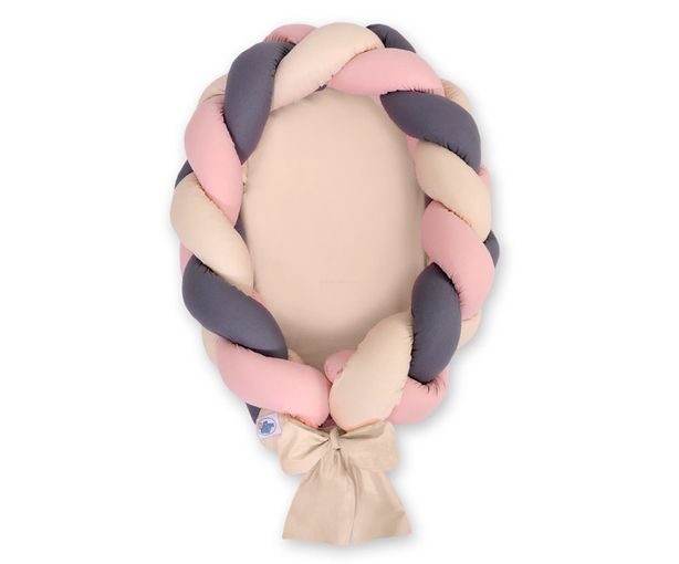 Pletený kokon/mantinel pre bábätká - antracitovo-pastelovo ružovo-bežový